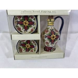 NIB Pier 1 Ceramic Vallarta Pattern Oil Jar Drizzler and 4 Dipping Bowls